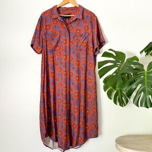 WILDFANG Red + Blue Floral Empower Shirtdress Dress UO Exclusive Size XL Rayon